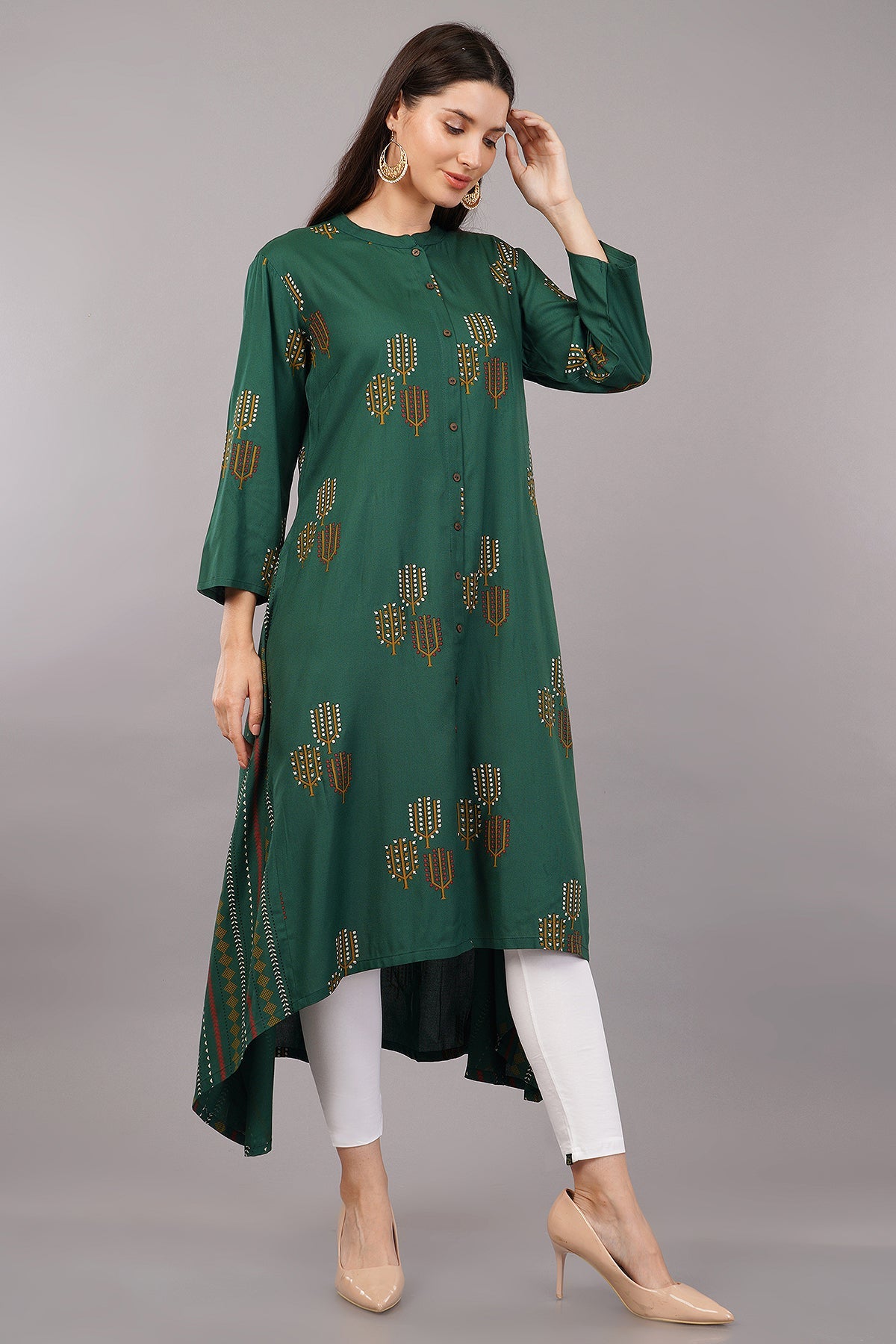 Olive Print Casual Mandarin 3/4th Sleeves Calf-Length Women Regular Fit Kurta