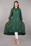 Olive Print Casual Mandarin 3/4th Sleeves Calf-Length Women Regular Fit Kurta