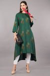 Olive Print Casual Mandarin 3/4th Sleeves Calf-Length Women Regular Fit Kurta