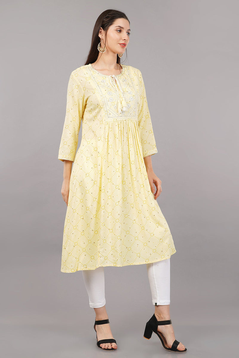 Women's Yellow Viscose Embroidered Kurta