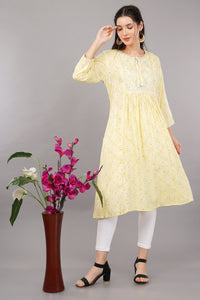 Women's Yellow Viscose Embroidered Kurta