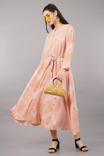 Dusty Pink Matrix Printed Circular Shirt Dress with Belt