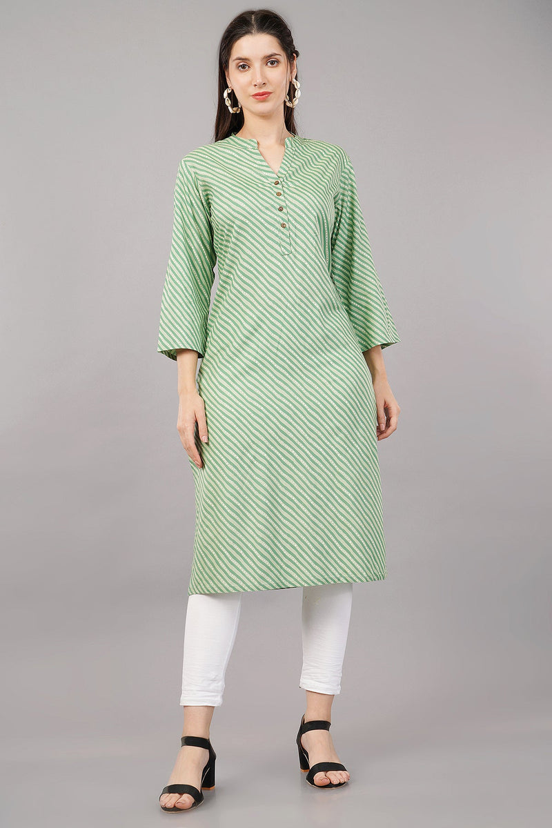 Green Printed Casual Mandarin 3/4th Sleeves Knee Length Women Regular Fit Kurta