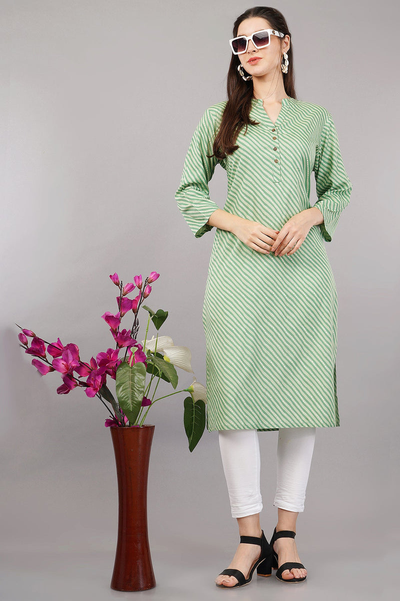 Green Printed Casual Mandarin 3/4th Sleeves Knee Length Women Regular Fit Kurta