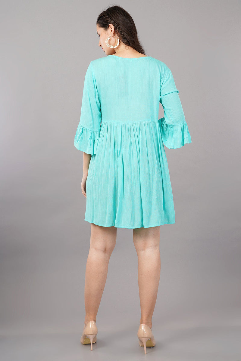 Women's Aqua Cotton Embroidered Dress