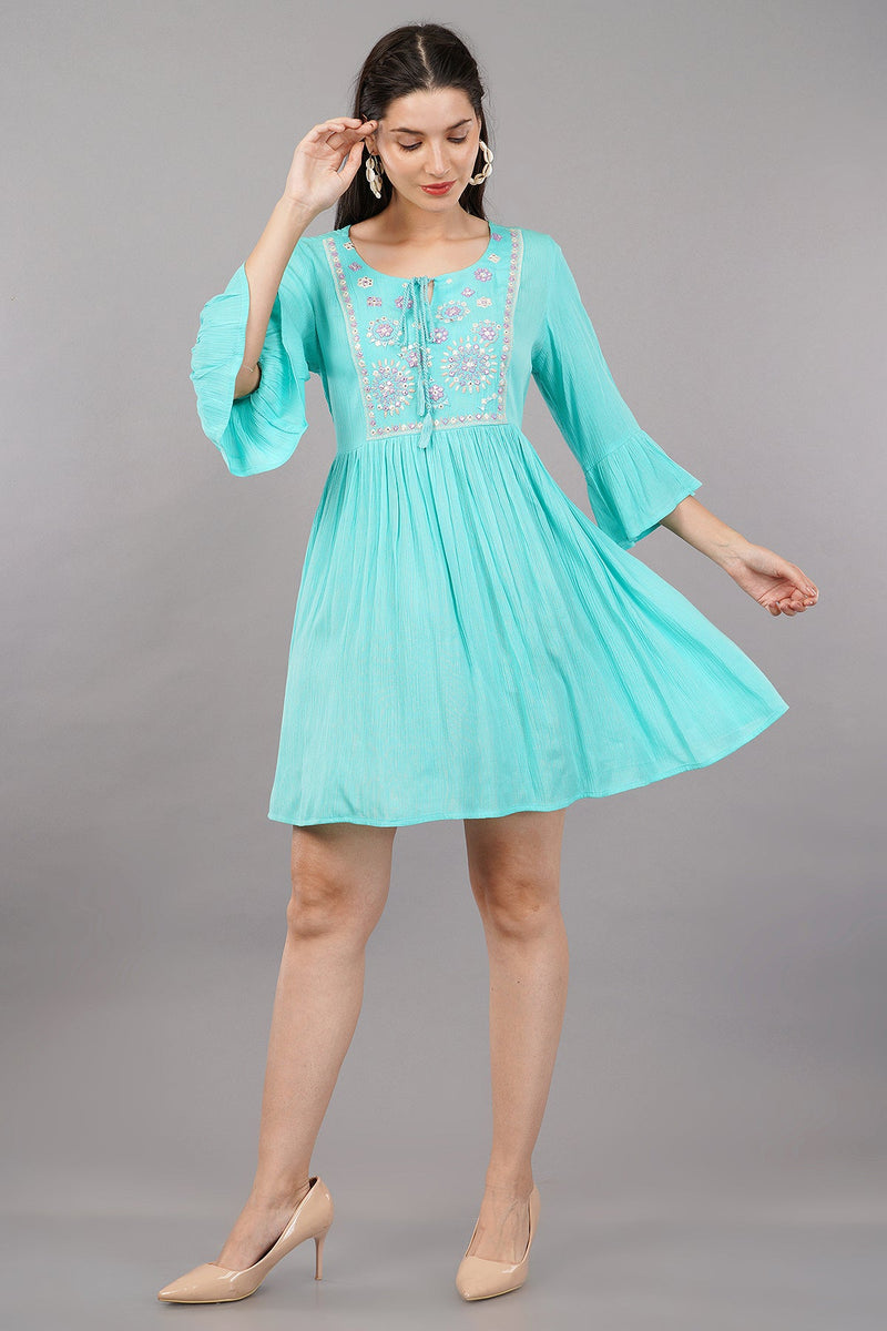 Women's Aqua Cotton Embroidered Dress