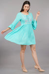 Women's Aqua Cotton Embroidered Dress