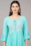 Women's Aqua Cotton Embroidered Dress