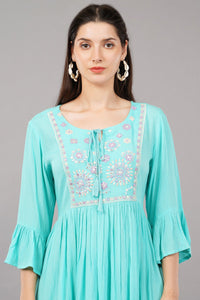 Women's Aqua Cotton Embroidered Dress