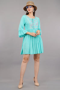 Women's Aqua Cotton Embroidered Dress