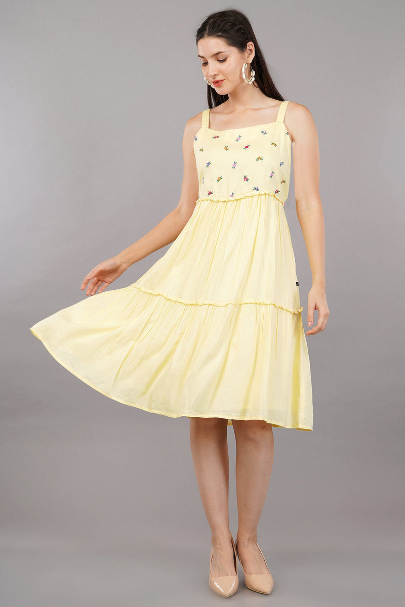 Yellow Embroidered A-Line Midi Dress