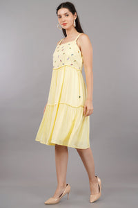 Yellow Embroidered A-Line Midi Dress