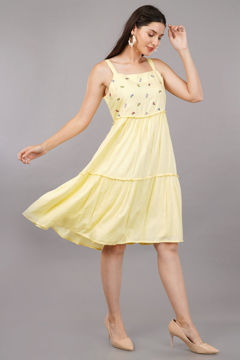 Yellow Embroidered A-Line Midi Dress