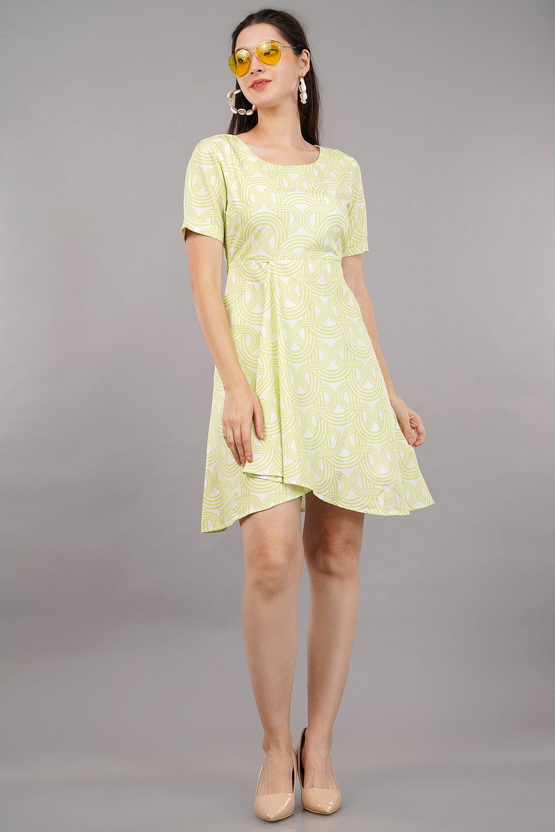 Printed Round Neck Polyester Women's Short Dress