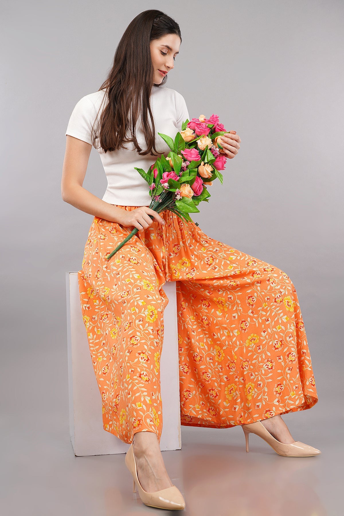 Women's Orange Viscose Printed Palazzo