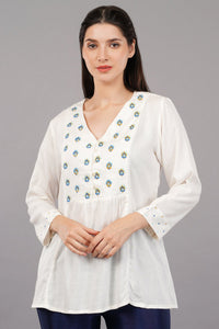 Aqua Solid Flared Embroidered Top