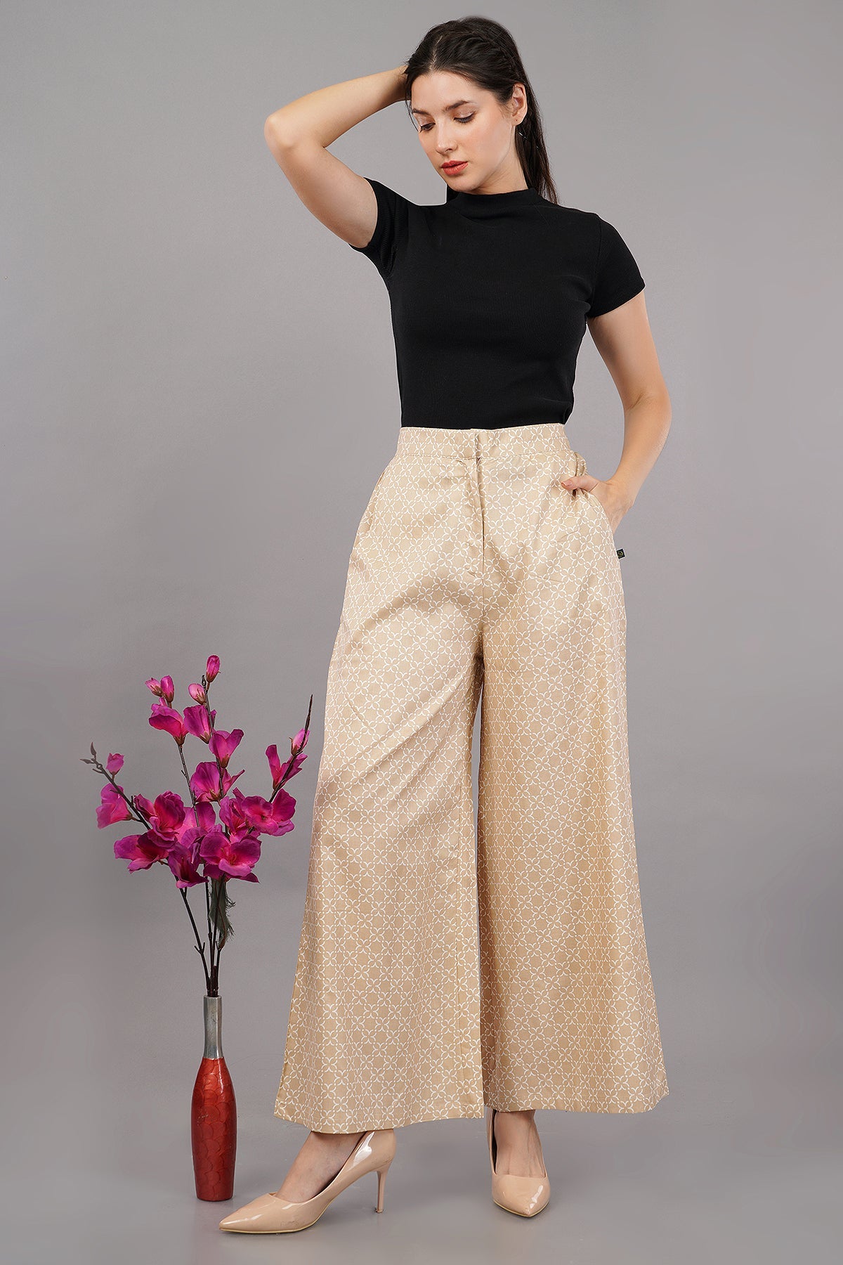 Beige Geometric Print Flared Trouser