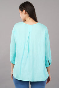 Aqua Solid Flared Embroidered Top