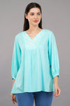 Aqua Solid Flared Embroidered Top