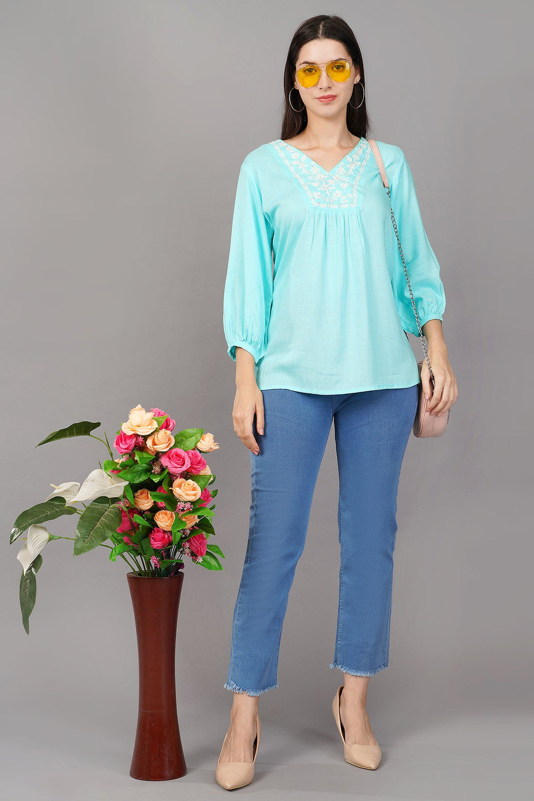 Aqua Solid Flared Embroidered Top
