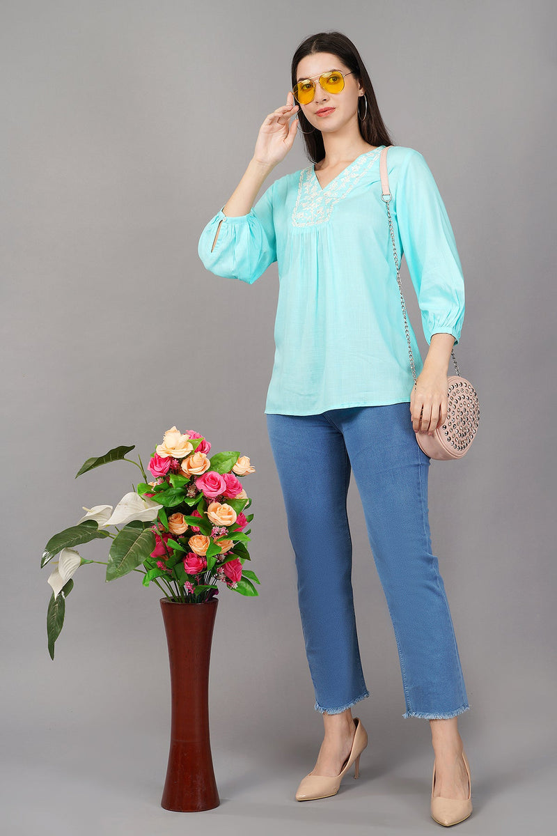 Aqua Solid Flared Embroidered Top