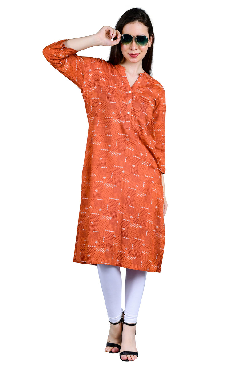 Red Print Casual Mandarin 3/4th Sleeves Knee Length Women Regular Fit Kurta