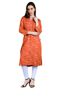 Red Print Casual Mandarin 3/4th Sleeves Knee Length Women Regular Fit Kurta